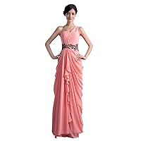 Coral One Shoulder Side Draped Chiffon Prom Dress With Cascading Detail