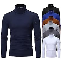Men's Slim Fit Turtleneck Undershirt Long Sleeve Soft Comfy Stretch T-Shirts Casual Solid Knitted Thermal Pullover Top(A#Navy,Large)