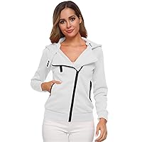 Andongnywell Women Zip Up Hoodie Sweatshirt Long Sleeve Fleece Hooded Jacket Coat Diagonal Zipper Sweater (White,Large)