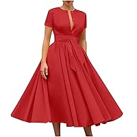 Women's Cuffed Short Sleeve Button Down Swing Dress Bow Belted High Waist Casual Dressy Flowy Solid A-Line Dress