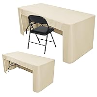 2 Pack Fitted Beige Tablecloth Rectangle for 4ft Table-Open Back Folding Table Cover Washable Fabric Washable and Wrinkle Resistant Tablecloth, Trade Show, Parties, Wedding, Jewelry Shows