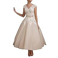 Lorderqueen Beach Tea Length Lace V Neck Wedding Dresses Bridal Gowns