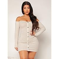Summer Dresses for Women 2022 Off Shoulder Single Breasted Bodycon Dress Dresses for Women (Color : Beige, Size : X-Small)
