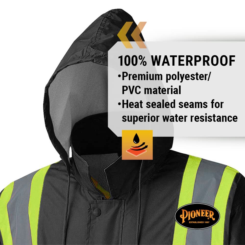 Pioneer Waterproof Lightweight Safety Rain Suit - Hi Vis Reflective Work Rain Gear - Safety Jacket &Bib Pants - Black, Large