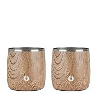 Snowfox Premium Vacuum Insulated Stainless Steel Whiskey Rocks Glass - Set of 2 - Old Fashioned, Whiskey, Lowball Glasses - Elegant Home Bartending - Beverages & Cocktails Stay Cold - Natural Teak