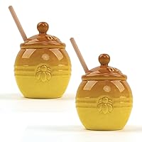 Ceramic Honey Pot with Dipper, Lid & Wooden Stirrer - 2 Pack Elegant Honey Jar, Kitchen Storage, Honey Dispenser, Bee Lover Gift,Long-Lasting Stoneware, Easy Clean,11.8 OZ