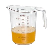 Restaurantware RW Base 1 Pint Measuring Jar 1 Durable Measuring Beaker - Metric And Imperial Units V-Shaped Spout Clear Plastic Measuring Cup Handle With Thumb-Grip Tolerates Up To 248F