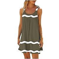 Summer Beach Dresses for Women Vacation Casual Sleeveless Scoop Neck Striped Letter Graphic Pleated Sun Dresses Loose Fit
