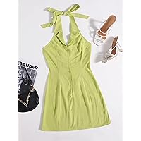 Women's Dress Button Front Low Back Bodycon Dress Women's Dress (Color : Mint Green, Size : X-Small)