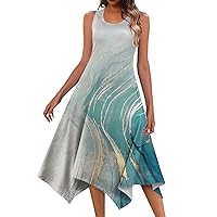 Women's Casual Summer Dress Sleeveless Sundress Hankerchief Hem Midi Tank Dresses Beach Dress Flowy Boho Dress with Pockets