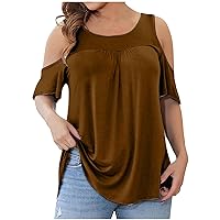 Plus Size Tops for Women Summer Sexy Cold Shoulder Tops Round Neck T Shirts Boho Flowy Casual Blouses Tunic Shirts