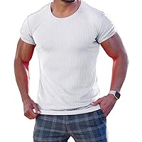 Men's Ribbed Shirt Short Sleeve Pullover Slim Fit Muscle T Shirts Stretch Sweater Casual Workout Crewneck Knit Tee