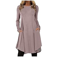 Black Long Sleeve Dress for Women Casual Dress Round Neck Basic Solid Color Loose Fit Plus Size Dress with Pockets