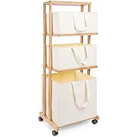 Laundry Basket 3 Tier Bamboo Storage Shelf with Wheels Removable Storage Basket with Handle Freestanding Clothes Hamper Organizer for Bathroom Living Room Bedroom (Natural)