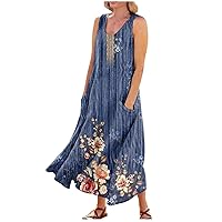 Maxi Dresses for Women 2024 Summer Casual Fashion Printed Sleeveless Round Neck Pocket Dress