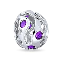 Wave Cubic Zirconia Bead Simulated Sapphire or Amethyst CZ Charm .925 Sterling Silver For Women Fits European Bracelet