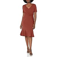 London Times Women's V-Neck Polished Flounce Hem Twist Waist Detail Feminine Office Event Guest of