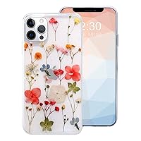 Omorro Compatible with iPhone 15 Pro Max Flower Girly Case, Girls Floral Design Pressed Dry Real Flowers Slim Cover Case Silicone TPU Rubber Romantic Cute Protective Clear Case for Women Girl Kids Red