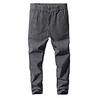 Men's Linen Stretch Comfort Pant Straight Fit Plaid Tapered Suit Pant Lightweight Slim Business Striped Trousers