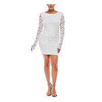 Womens White Stretch Lace Open-Back Shirred Long Sleeve Round Neck Mini Cocktail Body Con Dress Juniors XS