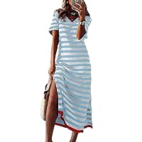 QACOHU Women 2024 Casual Maxi Dress Short Sleeve V Neck Stripe Sundress Split Loose Long Summer Beach T Shirt Dresses