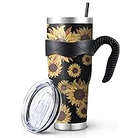 40 oz Tumbler with Handle Sunflower Large Insulated Tumblers with Straw and Lid Reusable Stainless Steel Coffee cups Travel Mug for Hot and Cold Drinks Gift for Women