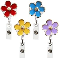 4 Pack Daisy Flower Retractable ID Badge Holder Nurse Badge Reels with Clip, 24 inch Retractable Cord, Name Card Holders for Office Worker Doctor Girls Women