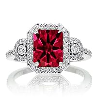 1.5 Carat Emerald Cut Three Stone Ruby Halo Diamond Ring on 10k White Gold