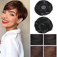 Short Human Hair Toppers Black Color Seamless 4.3 x 4.3 Silktop Base Head Spin Hair Topper Wiglet Hairpiece Toupee Clip in Top Hair Piece for Women Covering Grey Hair and Thinning Hair