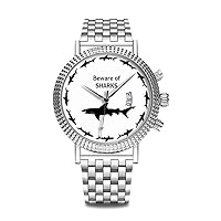 luxury watch brand popular, classy watch brand popular, give to yourself or relatives friends lovers mens watch personality pattern watch 192. beware of shark funny diver or swimmers watch, Silver, Bracelet Type