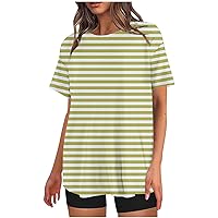 Womens Striped Color Block Print T-Shirts Short Sleeve Crew Neck Casual Loose Tops Summer Oversized Tees Streetwear