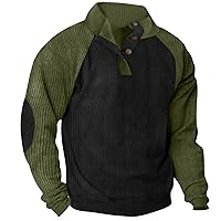 Mens Corduroy Sweatshirts Mock Neck Pullover Sweaters with Elbow Patches Lapel Collar Button Up Long Sleeve Henleys