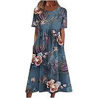 Spring Dresses for Women 2024,Women's Casual Dresses Floral Printed Summer Dresses Pleated O-Neck Loose Dresses