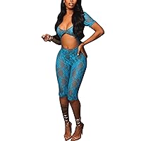 Women's Sexy Mesh Lace Jumpsuit Bodycon Short Sleeve See Through Backless U Neck Cut Out Club Romper Outfits