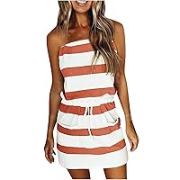 Women Striped Strapless Bandeau Mini Dress Summer Casual Off Shoulder Drawstring Waist Tube Top Dress with Pockets
