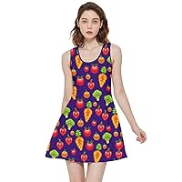 CowCow Womens Reversible Dress Vegetable Tomato Carrot Onion and Floral Skater Dress, XS-5XL