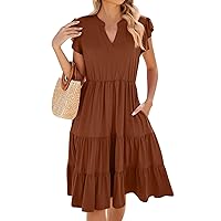 Summer Dresses for Women 2024 Cocktail Dresses for Women 2024 Solid Color Casual Patchwork Ruffin in with Short Sleeve V Neck Tunic Dress Ginger Large