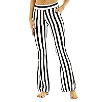 ACSUSS Womens High Waist Black&White Vertical Striped Bell Bottom Flare Legging Long Pants