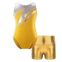 Kids Girls Metallic Sleeveless Leotard with Shorts Sets for Ballet Dance Athletic Workout Gym