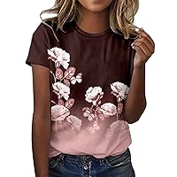Womens Summer Tops 2024 Vacation,Trendy Floral Printed Graphic Tees Casual Short Sleeve Shirts Crewneck Tee Shirts