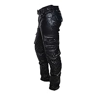 Mens Biker Trousers Genuine Leather Quilted Cargo Multi Pockets Black Motorcycle Pants