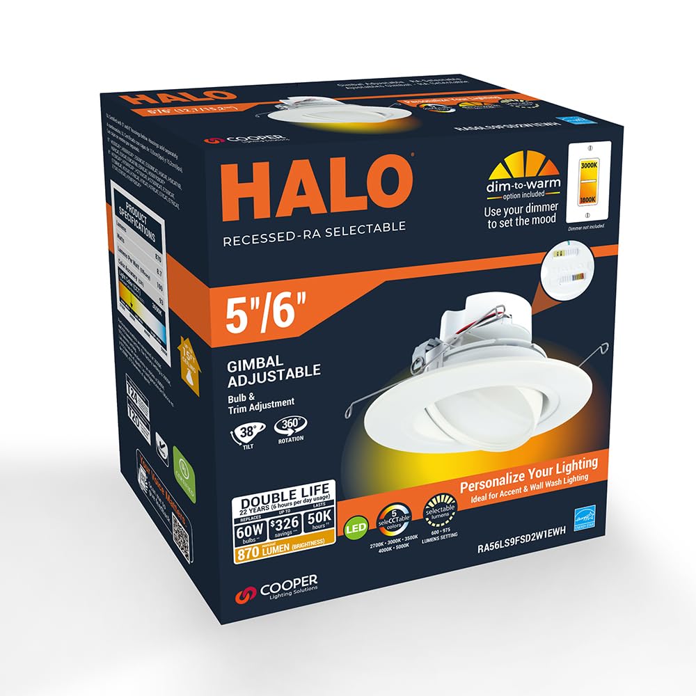 HALO RA 5/6 inch Integrated LED Recessed Adjustable Gimbal Light Trim, 600 Lumens/1000 Lumens, 5 Selectable CCT(2700K, 3000K, 3500K, 4000K, 5000K) with Dim to Warm, 120-Volt, White