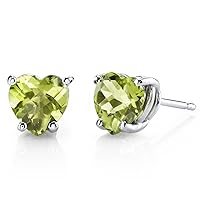 Peora Solid 14K White Gold Peridot Heart Stud Earrings for Women, Genuine Gemstone Birthstone Solitaire Studs, 6mm, 1.75 Carats total, Friction Back