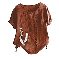 Lightning Deals of Today Cotton Linen Summer Shirts for Women Dressy Casual Button Down Loose Blouse Tees 2024 Spring Floral Print Short Sleeve Cute Tops Lightweight Workout Crewneck T-Shirts