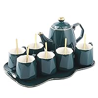 14 pcs Tea Set of 6 with Tea Tray & Spoons, Modern Diamond Design Tea/Coffee Cup Set with Golden Trim, Chic Porcelain Living Room Decor, Fine-china Teapot/Tea Party Set, Gift Package - Green