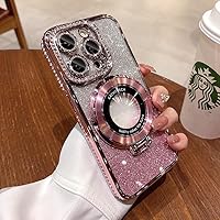 Magnetic Kickstand (Glitter Lens Protector ) Case for iPhone 15 14 13 12 Pro Max (Compatible with Magsafe ) (Sparkling Diamond ) Cover Glitter Shiny Rhinestone Cases (Pink,for iPhone 13)