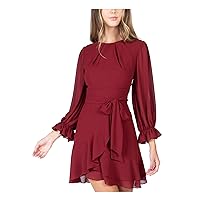 B Darlin Womens Burgundy Pleated Zippered Asymmetrical Ruffle Skirt Belted Long Sleeve Jewel Neck Short Party Fit + Flare Dress Juniors 3