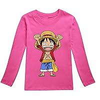 Casual Crewneck Cozy T-Shirts for Kids,Boys Lightweight Classic Long Sleeve Tops Luffy Anime Graphic Pullover Blouses