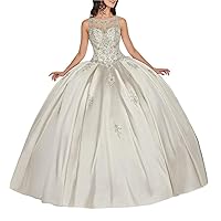 Women's Sleeveless Rhinestone Quinceanera Dress Sheer Neck Satin Prom Formal Dress