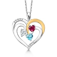 Gem Stone King 925 2-Tone Sterling Silver and White White Moissanite Red Created Ruby and Swiss Blue Topaz Pendant Necklace For Women (1.57 Cttw, Heart Shape 5MM, 18 Inch Chain)